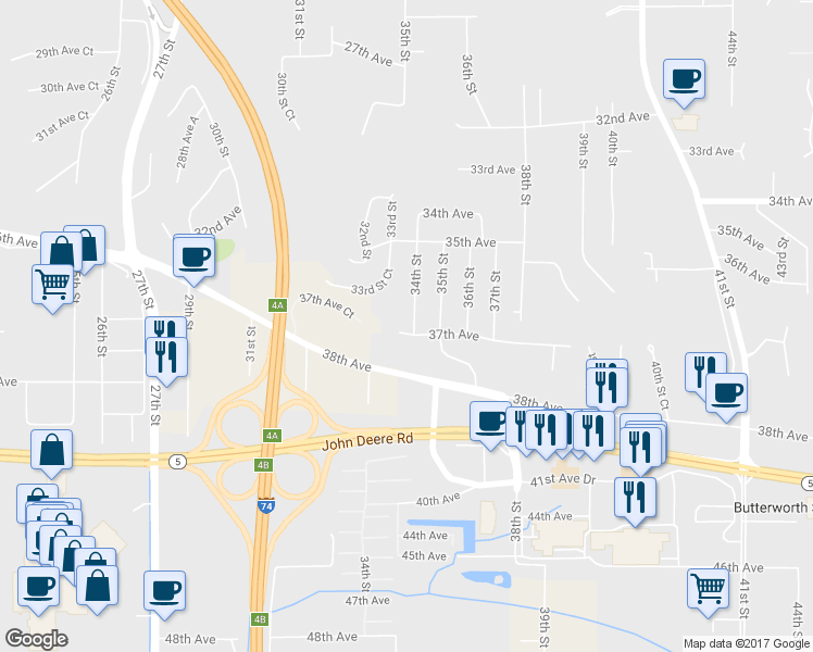 map of restaurants, bars, coffee shops, grocery stores, and more near 3625 34th Street in Moline