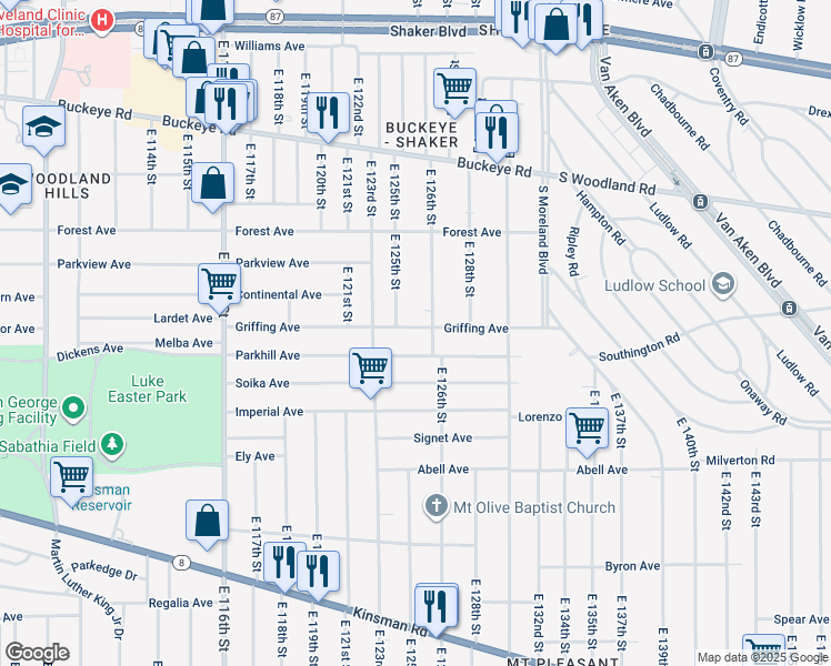 map of restaurants, bars, coffee shops, grocery stores, and more near 12520 Griffing Avenue in Cleveland