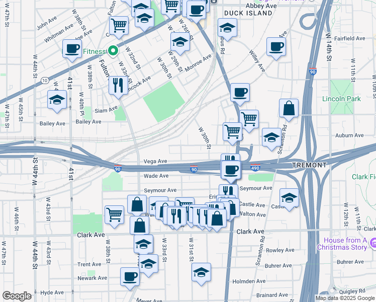 map of restaurants, bars, coffee shops, grocery stores, and more near 3110 Barber Avenue in Cleveland
