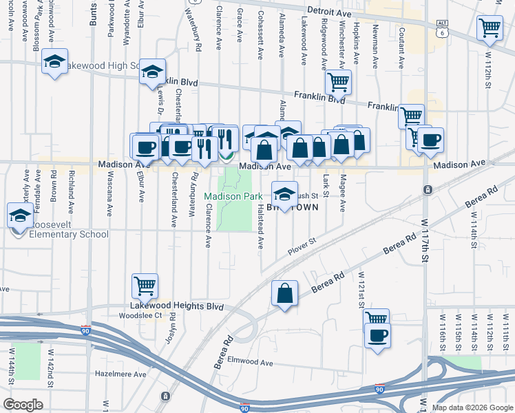 map of restaurants, bars, coffee shops, grocery stores, and more near 2064 Halstead Avenue in Lakewood