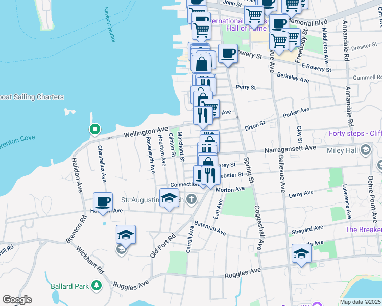 map of restaurants, bars, coffee shops, grocery stores, and more near 40 West Narragansett Avenue in Newport