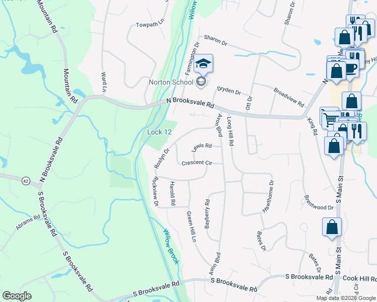 map of restaurants, bars, coffee shops, grocery stores, and more near 80 Lewis Road in Cheshire