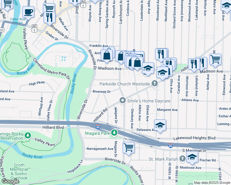 map of restaurants, bars, coffee shops, grocery stores, and more near 17319 Riverway Drive in Lakewood