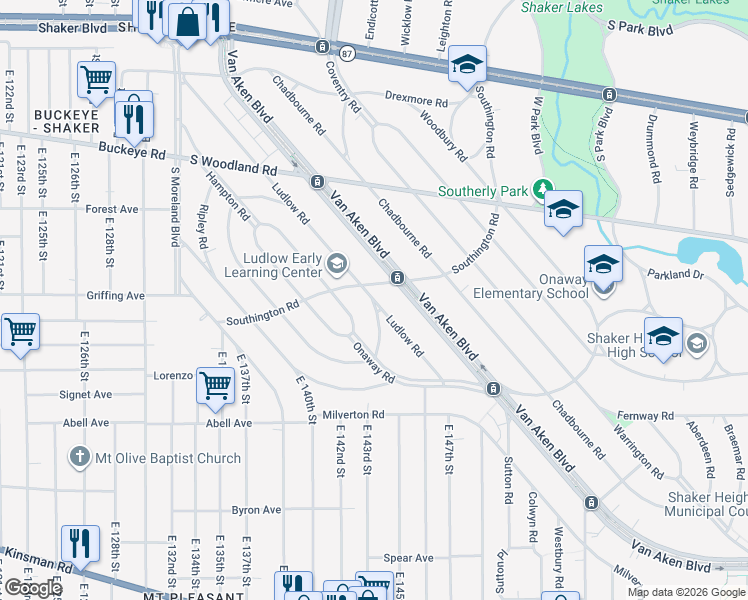 map of restaurants, bars, coffee shops, grocery stores, and more near 3113 Ludlow Road in Cleveland