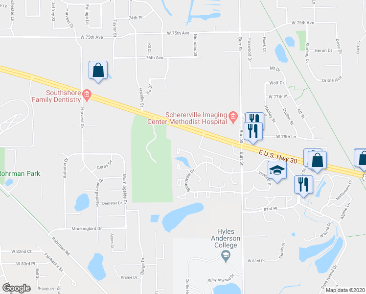 map of restaurants, bars, coffee shops, grocery stores, and more near 1762 Wedgewood Court in Crown Point