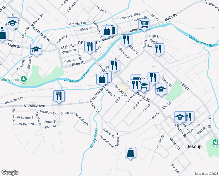 map of restaurants, bars, coffee shops, grocery stores, and more near 511 Delaware St in Jessup