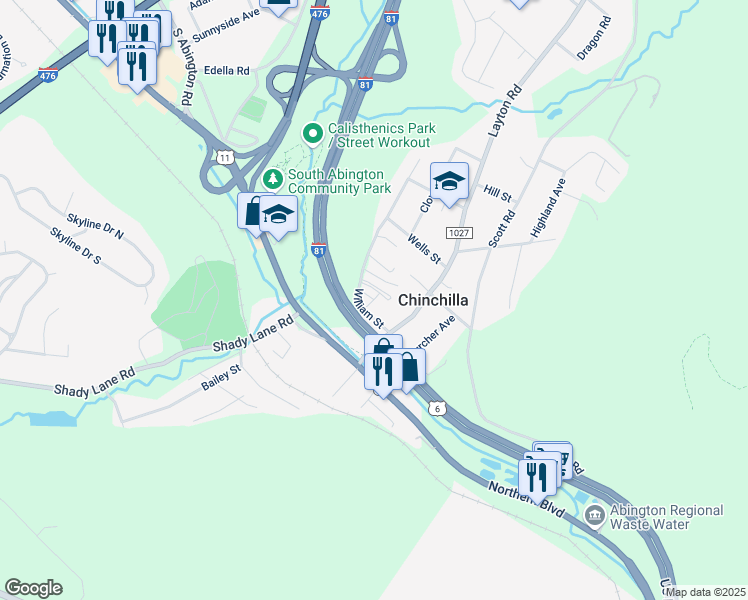 map of restaurants, bars, coffee shops, grocery stores, and more near 13 Abington Gardens Drive in Lackawanna County