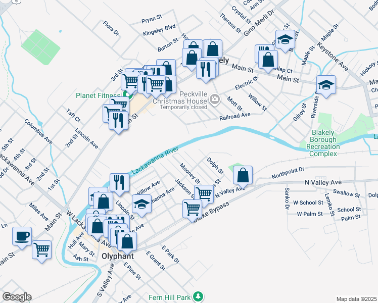 map of restaurants, bars, coffee shops, grocery stores, and more near 112 Lynch St in Olyphant