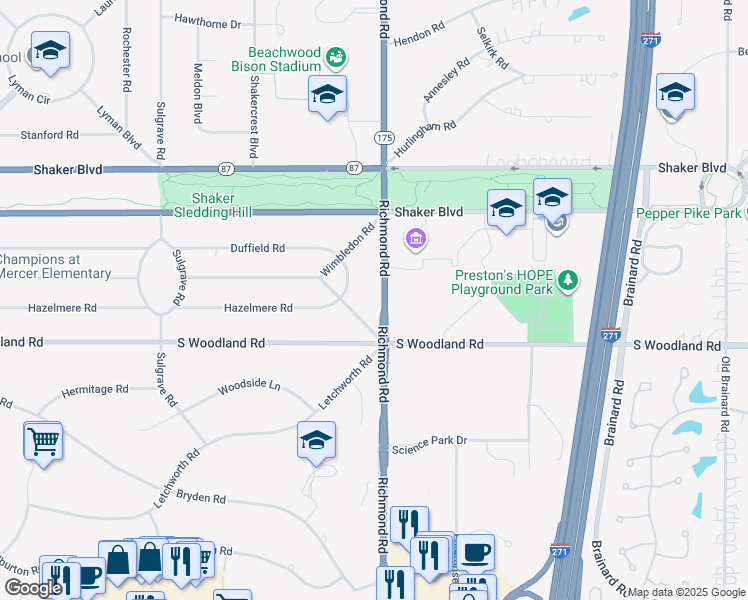 map of restaurants, bars, coffee shops, grocery stores, and more near 2970 Richmond Road in Beachwood