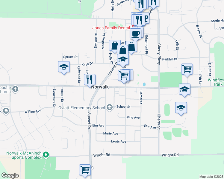 map of restaurants, bars, coffee shops, grocery stores, and more near 721 Jackson Street in Norwalk