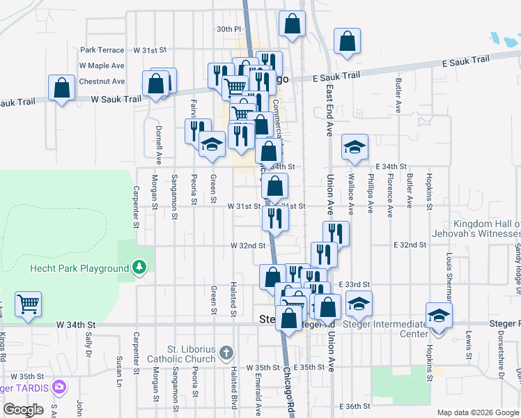map of restaurants, bars, coffee shops, grocery stores, and more near 14 West 31st Street in Steger