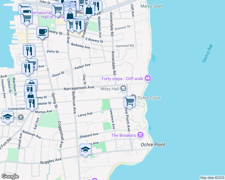 map of restaurants, bars, coffee shops, grocery stores, and more near 97 Narragansett Avenue in Newport