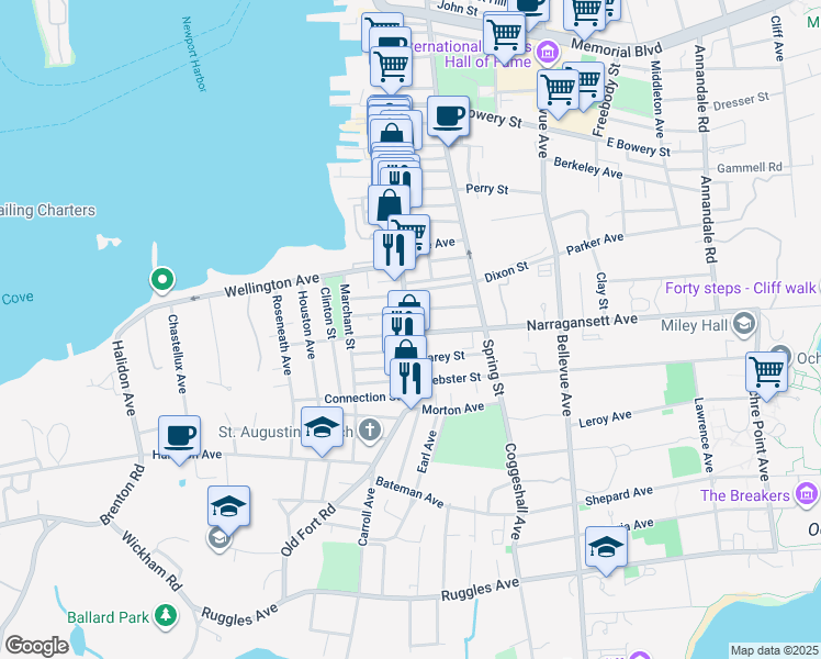 map of restaurants, bars, coffee shops, grocery stores, and more near 5 Narragansett Avenue in Newport