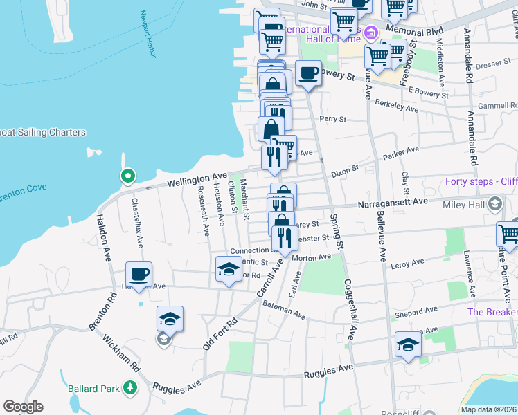 map of restaurants, bars, coffee shops, grocery stores, and more near 40 West Narragansett Avenue in Newport
