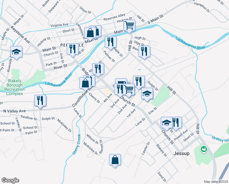 map of restaurants, bars, coffee shops, grocery stores, and more near 304 Church Street in Jessup