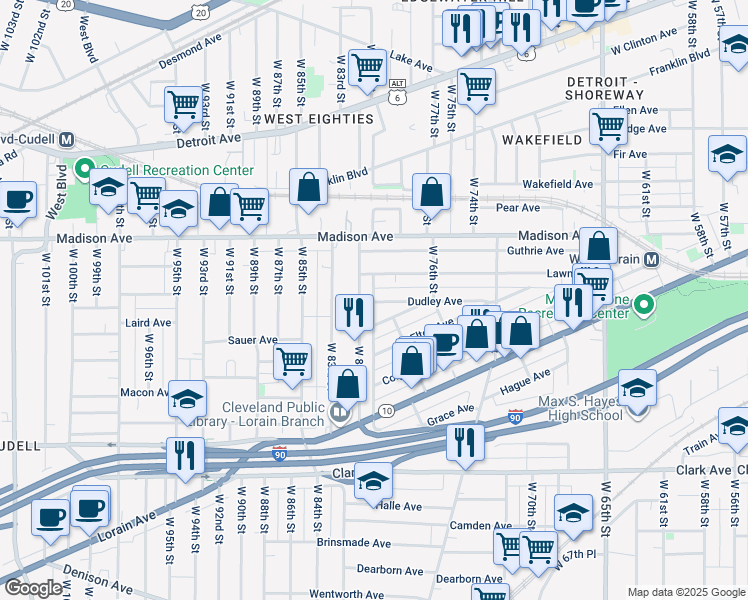 map of restaurants, bars, coffee shops, grocery stores, and more near 7901 Dudley Avenue in Cleveland