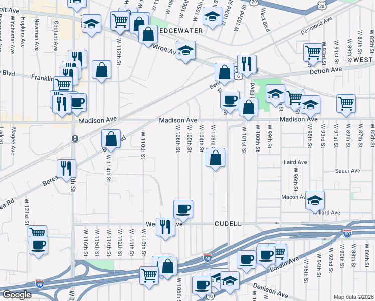 map of restaurants, bars, coffee shops, grocery stores, and more near 2072 West 105th Street in Cleveland