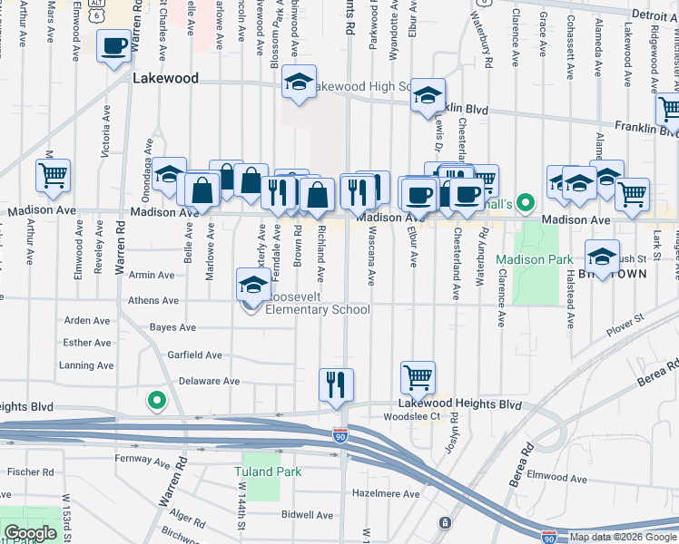 map of restaurants, bars, coffee shops, grocery stores, and more near 2075 Richland Avenue in Lakewood