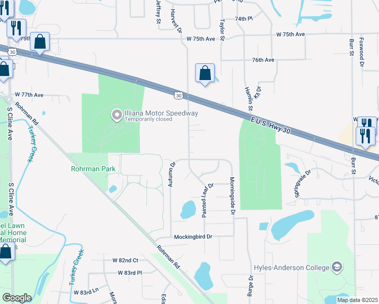 map of restaurants, bars, coffee shops, grocery stores, and more near 2602 Harvest Drive in Crown Point