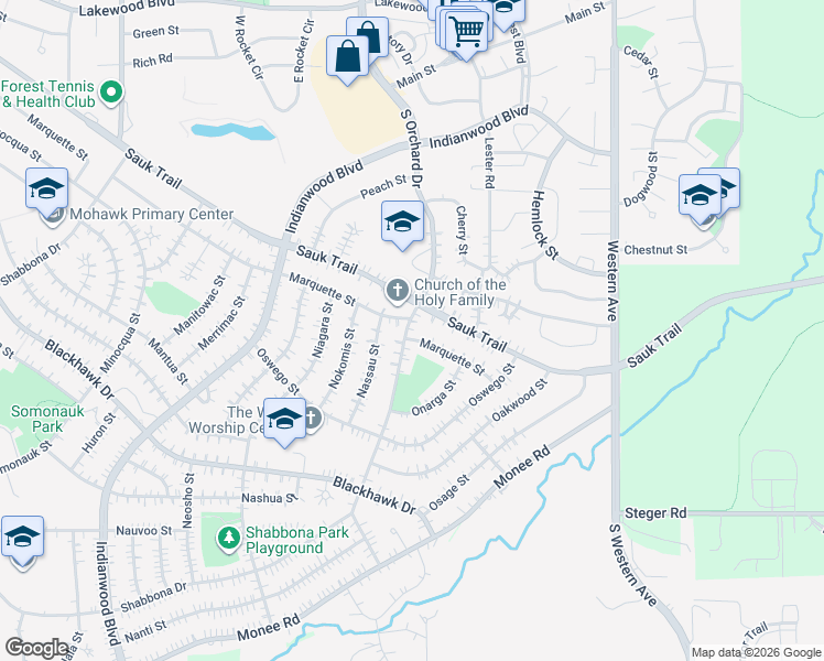 map of restaurants, bars, coffee shops, grocery stores, and more near 310 South Orchard Drive in Park Forest