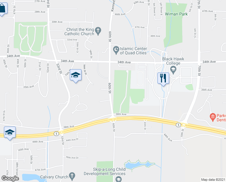 map of restaurants, bars, coffee shops, grocery stores, and more near 3532 60th Street in Moline