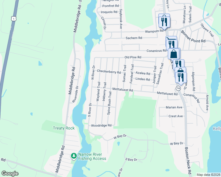 map of restaurants, bars, coffee shops, grocery stores, and more near Spice Bush Trail in Narragansett