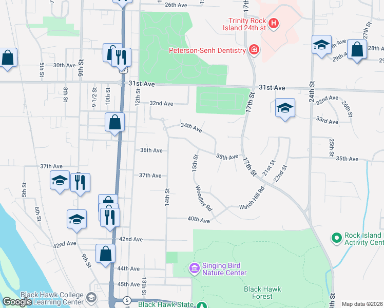 map of restaurants, bars, coffee shops, grocery stores, and more near 3510 15th Street in Rock Island