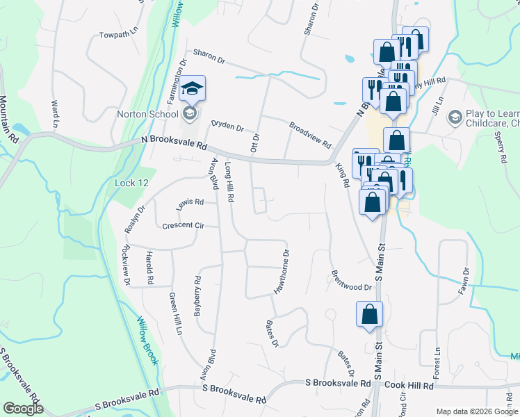 map of restaurants, bars, coffee shops, grocery stores, and more near 155 Hilltop Road in Cheshire