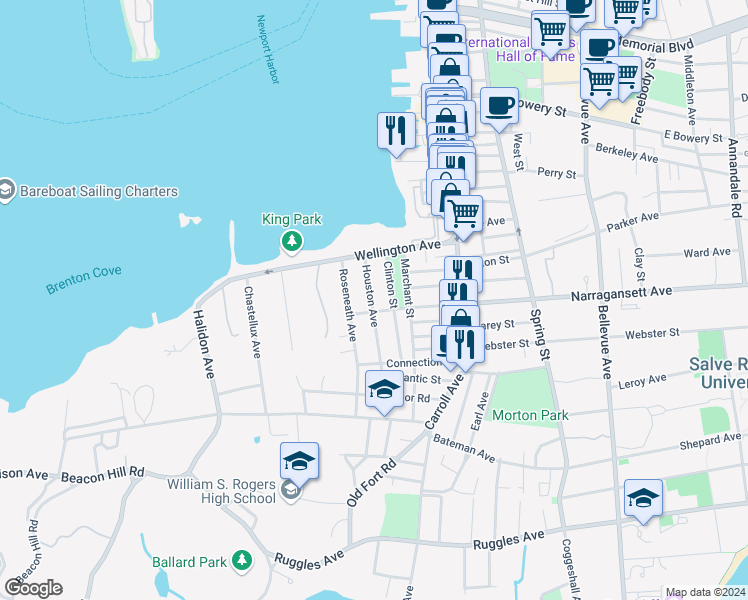 map of restaurants, bars, coffee shops, grocery stores, and more near 52 Houston Avenue in Newport
