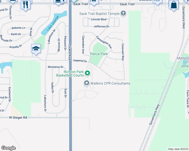 map of restaurants, bars, coffee shops, grocery stores, and more near 4546 Heartland Drive in Richton Park