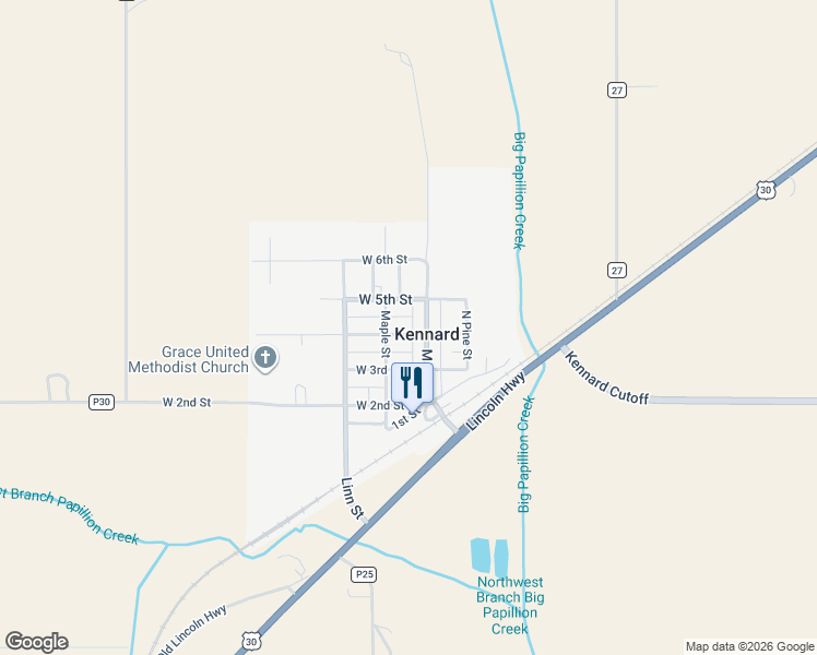 map of restaurants, bars, coffee shops, grocery stores, and more near 106 West 4th Street in Kennard