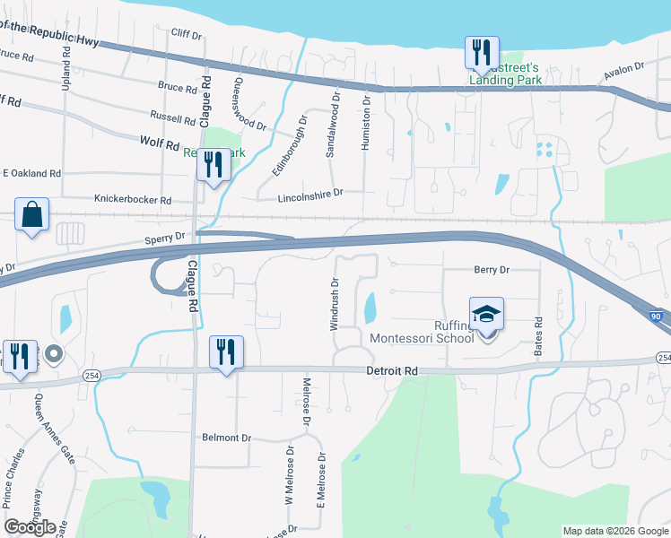 map of restaurants, bars, coffee shops, grocery stores, and more near 635 Windrush Drive in Westlake