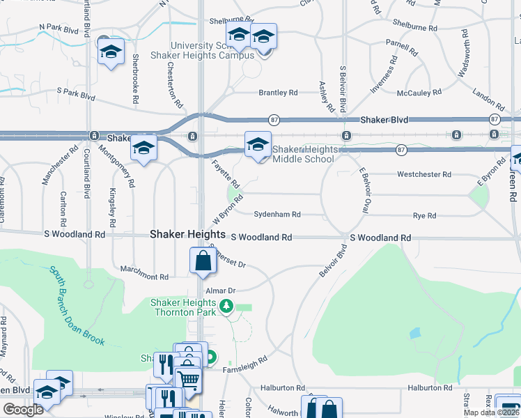 map of restaurants, bars, coffee shops, grocery stores, and more near 20887 Sydenham Road in Shaker Heights