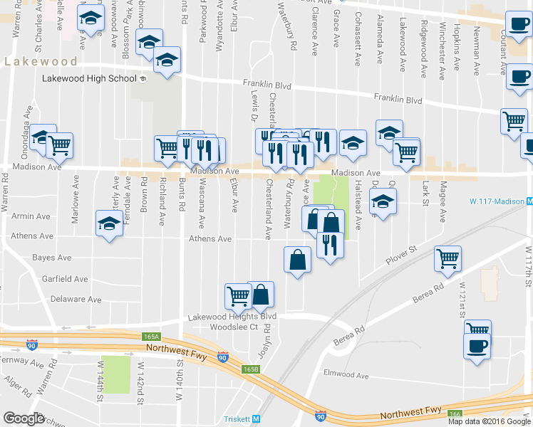 map of restaurants, bars, coffee shops, grocery stores, and more near 2066 Chesterland Avenue in Lakewood