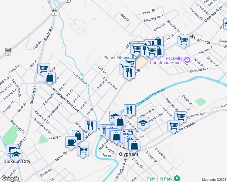 map of restaurants, bars, coffee shops, grocery stores, and more near 267 Main St in Olyphant