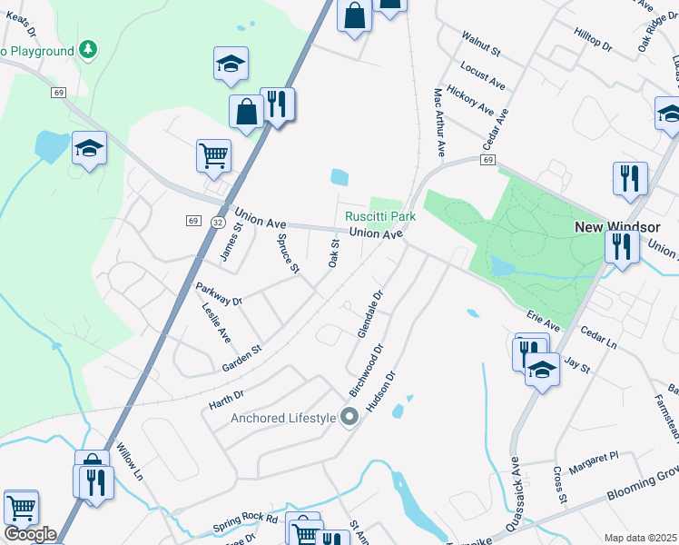 map of restaurants, bars, coffee shops, grocery stores, and more near 235 Oak Street in New Windsor