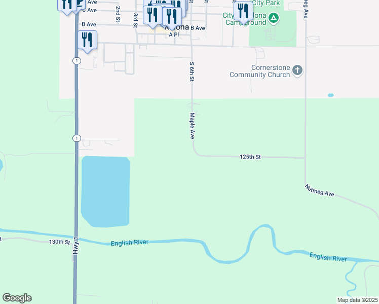 map of restaurants, bars, coffee shops, grocery stores, and more near 1249 Maple Avenue in Kalona