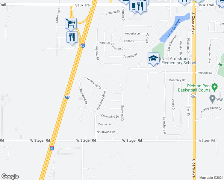 map of restaurants, bars, coffee shops, grocery stores, and more near 5226 Northwind Drive in Richton Park