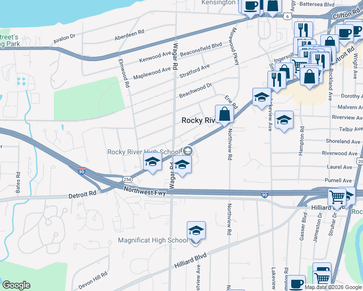 map of restaurants, bars, coffee shops, grocery stores, and more near 20996 Detroit Road in Rocky River
