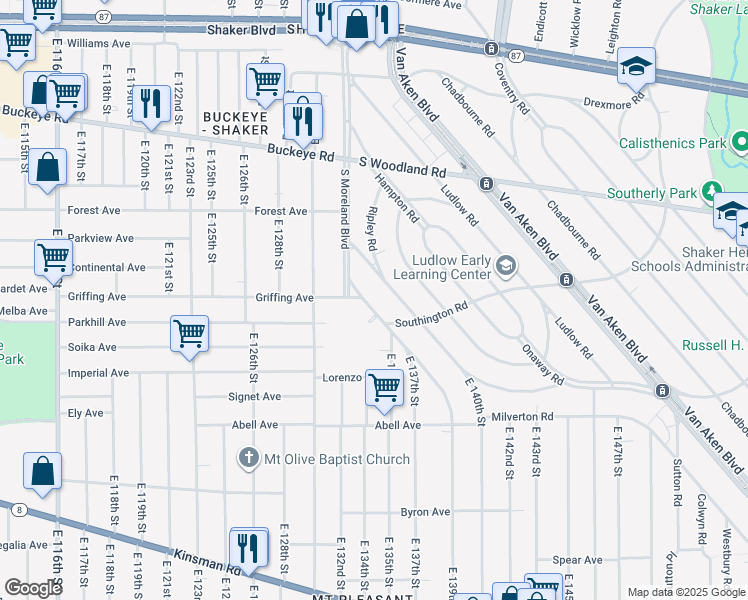 map of restaurants, bars, coffee shops, grocery stores, and more near 3061 Livingston Road in Cleveland