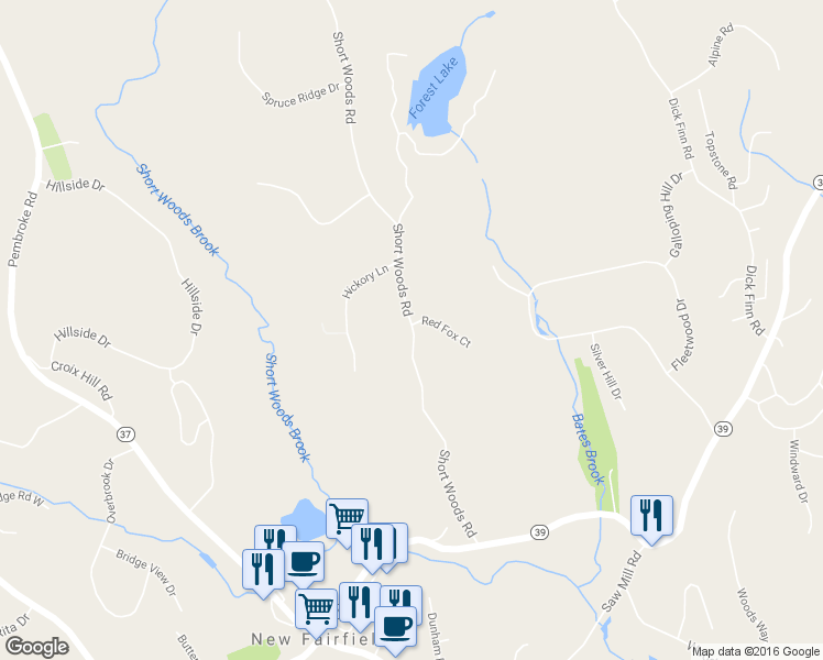 map of restaurants, bars, coffee shops, grocery stores, and more near 27 Short Woods Road in New Fairfield