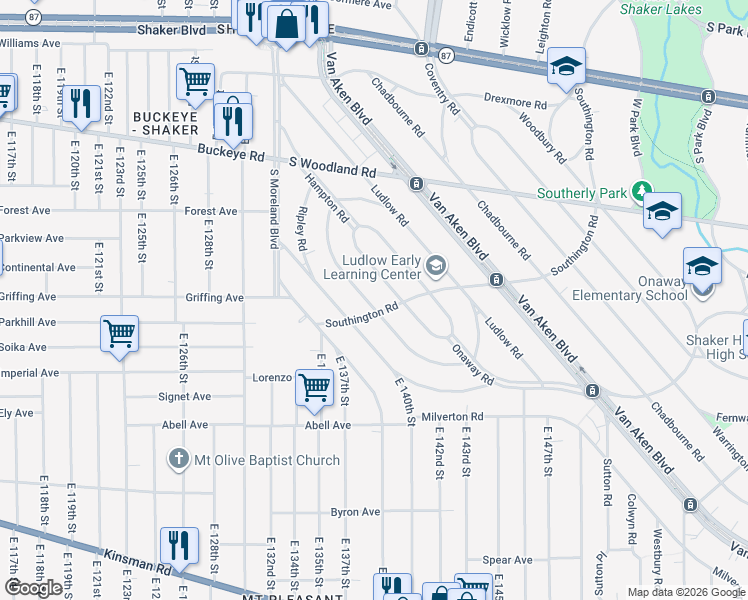 map of restaurants, bars, coffee shops, grocery stores, and more near 3093 Becket Road in Cleveland