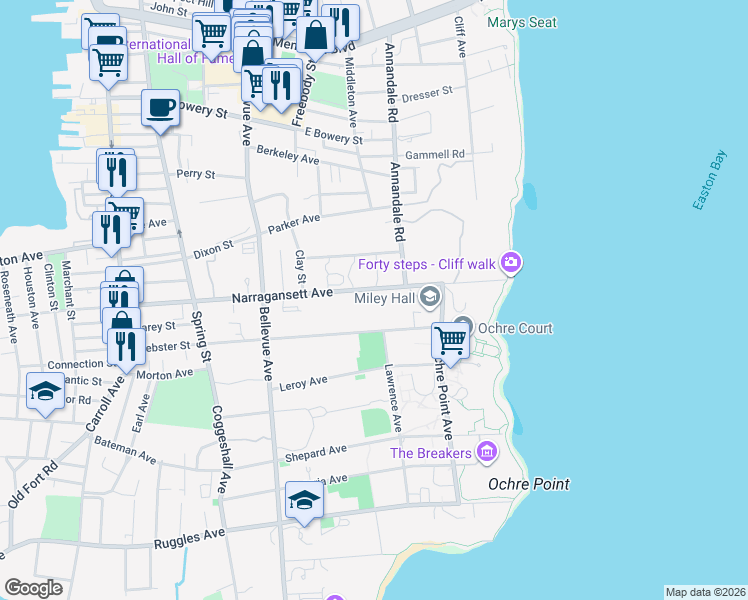 map of restaurants, bars, coffee shops, grocery stores, and more near 97 Narragansett Avenue in Newport