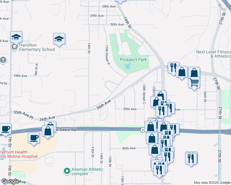 map of restaurants, bars, coffee shops, grocery stores, and more near 1514 South Shore Drive in Moline