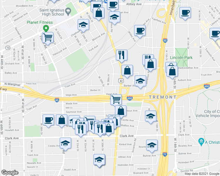 map of restaurants, bars, coffee shops, grocery stores, and more near 2715 West 30th Street in Cleveland