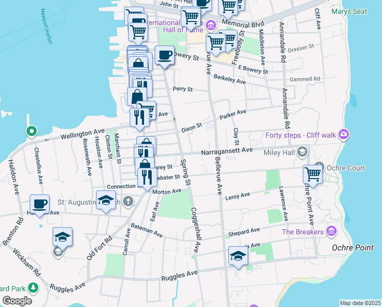 map of restaurants, bars, coffee shops, grocery stores, and more near 47 Narragansett Avenue in Newport