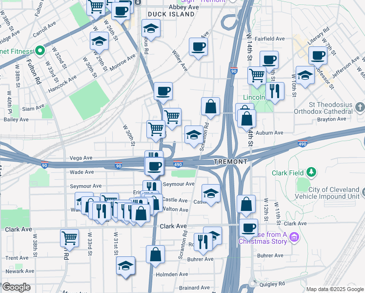 map of restaurants, bars, coffee shops, grocery stores, and more near 2203 Barber Avenue in Cleveland