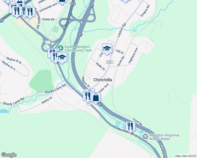 map of restaurants, bars, coffee shops, grocery stores, and more near 215 Layton Road in Lackawanna County
