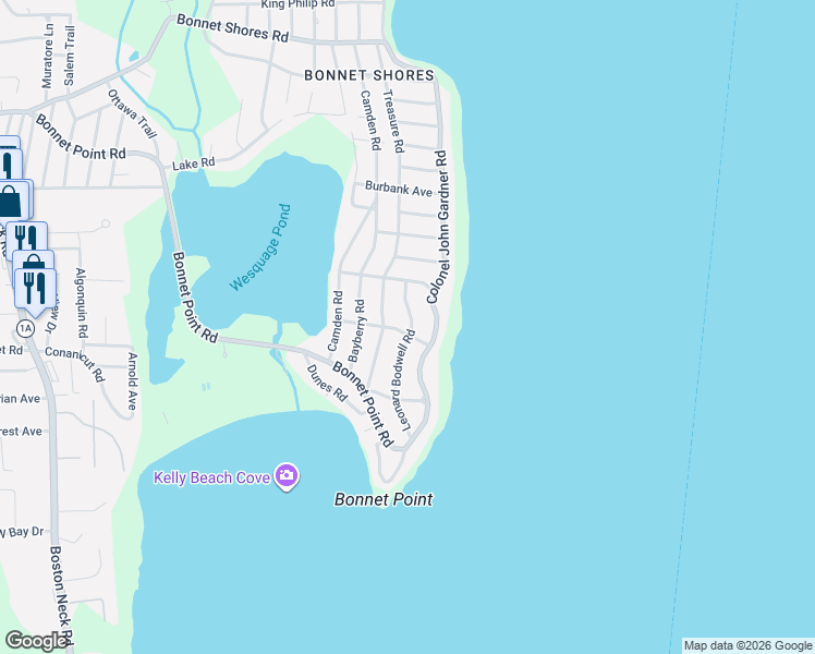 map of restaurants, bars, coffee shops, grocery stores, and more near 26 Leonard Bodwell Road in Narragansett