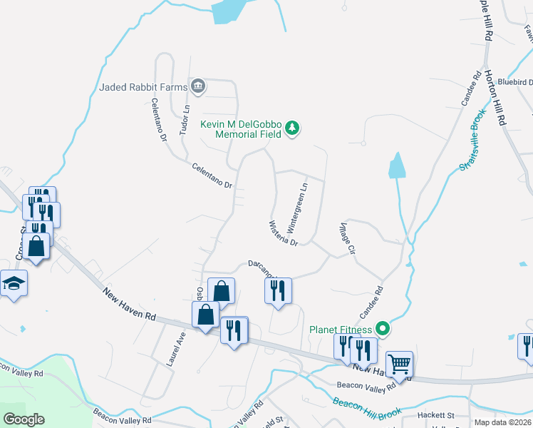map of restaurants, bars, coffee shops, grocery stores, and more near 59 Wisteria Drive in Naugatuck